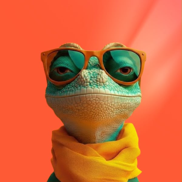 Rexy — turquoise lizard AI assistant wearing orange sunglasses and a yellow scarf